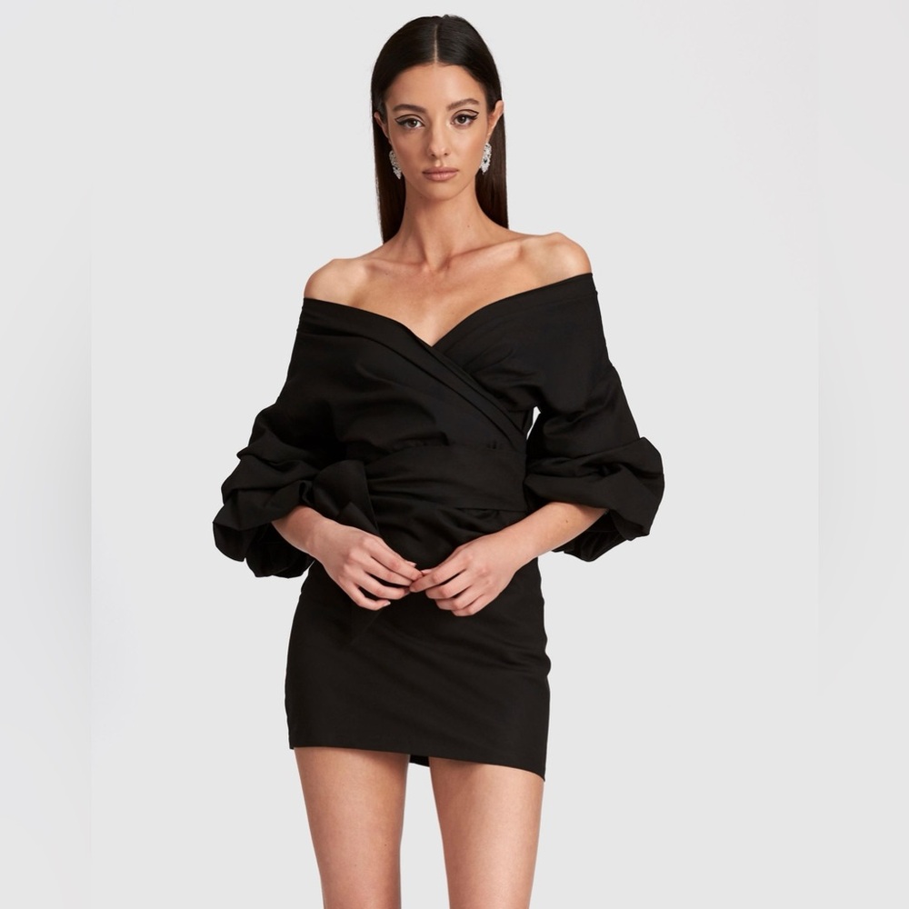 SOLD—LIONESS Sicilian Affair Puff Sleeve Faux Wrap Mini Dress in Black L (8-10)